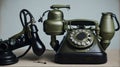 Vintage old telephone with binoculars conceptual still life Royalty Free Stock Photo