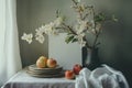 Still Life with White Blossoms, Apples, and Plates on a Table Royalty Free Stock Photo