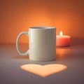 Still life featuring a white mug with a heart shaped shadow and a lit candle on orange background Royalty Free Stock Photo
