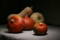 Still life with five pumpkins lying randomly Royalty Free Stock Photo