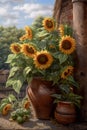 Still life with flower of Sunflower. Beautiful bouquet of sunflowers. Rural Vintage. Retro. Illustration Generative AI