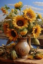 Still life with flower of Sunflower. Beautiful bouquet of sunflowers. Rural Vintage. Retro. Illustration Generative AI Royalty Free Stock Photo