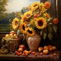 Still life with flower of Sunflower. Beautiful bouquet of sunflowers. Rural Vintage. Retro. Royalty Free Stock Photo
