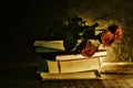 Still life flowers on a books old in the dark - Red rose flowe tone vintage style Royalty Free Stock Photo