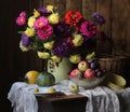 Still life with flowers, fruit and vegetables at the cottage