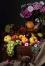 Still life with flowers and fruits in the style of old Dutch artists Royalty Free Stock Photo