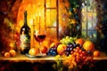 Still Life with Flowers, Grapes and Glass of Wine Brush Strokes Painting