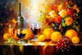 Still Life with Flowers, Grapes and Glass of Wine Brush Strokes Painting Royalty Free Stock Photo