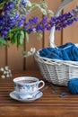 Still life with flowers, knitting in the basket Royalty Free Stock Photo