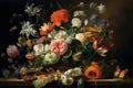 A still life of flowers, paintings, with a lush arrangement of blooms in a vase, surrounded by delicate butterflies, bees, other i