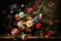 A still life of flowers, paintings, with a lush arrangement of blooms in a vase, surrounded by delicate butterflies, bees, other i