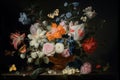 A still life of flowers, paintings, with a lush arrangement of blooms in a vase, surrounded by delicate butterflies, bees, other i