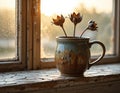 Still Life: Flowers in a Rustic Mug on a Window Sill Royalty Free Stock Photo