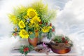 Still life with flowers.Still life with sunflowers in a vase , a musical instrument isolated on a white background Royalty Free Stock Photo