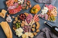 Assortment of spanish tapas or italian antipasti with meat