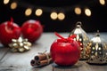 Still life, food and drink, seasonal concept. Red apples with cinnamon sticks on a wooden background. selective focus Royalty Free Stock Photo