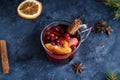 Still life, food and drink, seasonal and holidays concept. Christmas mulled wine on a rustic wooden table. Selective focus, copy Royalty Free Stock Photo