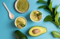 Still life of food: green ice cream, avocado, green matcha tea. Organic food