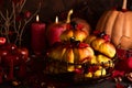 Still life with food for halloween. Sweets, apples, candies.