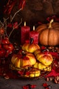 Still life with food for halloween. Sweets, apples, candies.