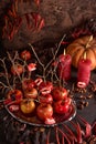 Still life with food for halloween. Sweets, apples, candies.