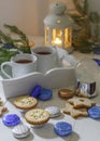 Still life or food Photo Christmas New Year tea party with sweets