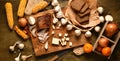 Still life of food in a rural style on a dark wood background, lard and garlic, cheese, tomatoes and corn with rye bread, concept Royalty Free Stock Photo