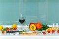 Still life. Food. Vegetables, bread, wine and fish. Royalty Free Stock Photo