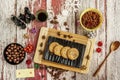 Still life frame top view with chocolates, chocolate cookies, coffee beans, Royalty Free Stock Photo