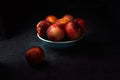 Still life of fresh nectarines with droplets of water in a bowl on dark background. Low key. Royalty Free Stock Photo