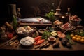 Still life with fresh fish, vegetables and spices on wooden table. Generated with AI Royalty Free Stock Photo