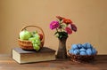 Still life, fresh fruit, book and flowers in a vase Royalty Free Stock Photo