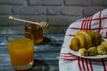 Still life with fresh fruits and glass of juice on the wooden background Royalty Free Stock Photo