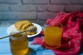 Still life with fresh fruits and glass of juice on the wooden background Royalty Free Stock Photo