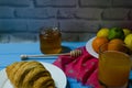 Still life with fresh fruits and glass of juice on the wooden background Royalty Free Stock Photo