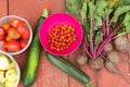 Still life fresh fruits and vegetables on a wooden table top view Royalty Free Stock Photo