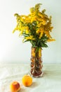 Still life with fresh peaches on linen cloth background on wooden table. Bright juicy summer fruits with yellow flowers