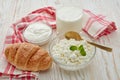 Still life with fresh village cottage cheese, sour cream, yogurt and  croissant. Healthy food. Dairy producst. Healthy meal Royalty Free Stock Photo