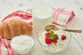 Still life with fresh village cottage cheese  with strawberries, sour cream, yogurt and  croissant. Healthy food. Dairy producst Royalty Free Stock Photo