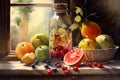 Still life of fruit in a basket on the table. AI generated Royalty Free Stock Photo