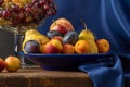 Still life with fruit and a bottle of wine. Apples, pears, plums, grapes and nectarines. Royalty Free Stock Photo