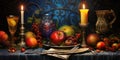 A still life of fruit and candles on a table, AI Royalty Free Stock Photo
