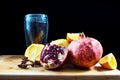 Still life of fruit. The garnet is cut on the Board. The orange is cut on a kitchen board. A glass of pomegranate juice