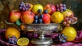 Still life, fruits. Red apples, oranges, violet grapes in antique silver vase, on table with tablecloth. Half lemon.