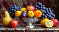 Still life, fruits. Red apples, yellow pear, oranges, violet grapes, plums in antique silver vase, on marble table. Royalty Free Stock Photo