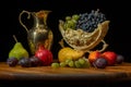 Still life with fruits on a round wooden table and black background. Royalty Free Stock Photo