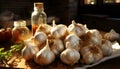 Still life of garlic heads in a kitchen with a warm light