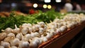 Still life of garlic heads in a market stall