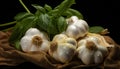 Still life of garlic heads over a rustic cloth