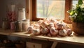 Still life of garlic heads together a window kitchen